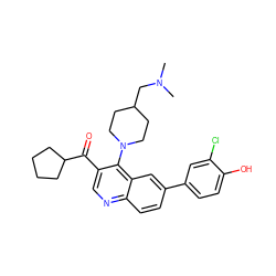 CN(C)CC1CCN(c2c(C(=O)C3CCCC3)cnc3ccc(-c4ccc(O)c(Cl)c4)cc23)CC1 ZINC000203989254