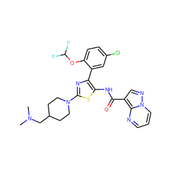 CN(C)CC1CCN(c2nc(-c3cc(Cl)ccc3OC(F)F)c(NC(=O)c3cnn4cccnc34)s2)CC1 ZINC001772582734