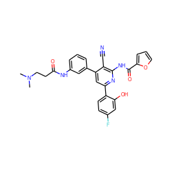 CN(C)CCC(=O)Nc1cccc(-c2cc(-c3ccc(F)cc3O)nc(NC(=O)c3ccco3)c2C#N)c1 ZINC000053243694