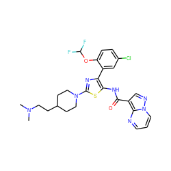 CN(C)CCC1CCN(c2nc(-c3cc(Cl)ccc3OC(F)F)c(NC(=O)c3cnn4cccnc34)s2)CC1 ZINC001772645268