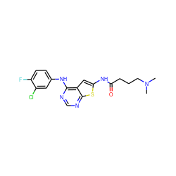 CN(C)CCCC(=O)Nc1cc2c(Nc3ccc(F)c(Cl)c3)ncnc2s1 ZINC000169311800