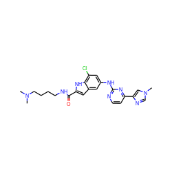 CN(C)CCCCNC(=O)c1cc2cc(Nc3nccc(-c4cn(C)cn4)n3)cc(Cl)c2[nH]1 ZINC000222324667