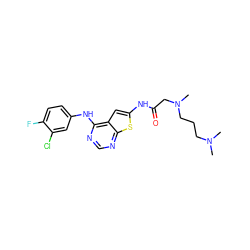 CN(C)CCCN(C)CC(=O)Nc1cc2c(Nc3ccc(F)c(Cl)c3)ncnc2s1 ZINC000169311805