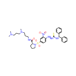 CN(C)CCCN(C)CCCNC(=O)[C@@H]1CCCN1S(=O)(=O)c1ccc(NNC(=S)NC(c2ccccc2)c2ccccc2)c([N+](=O)[O-])c1 ZINC000026275771