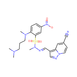 CN(C)CCCN(C)c1ccc([N+](=O)[O-])cc1S(=O)(=O)N(C)/N=C/c1cnn2ccc(C#N)cc12 ZINC001772578936