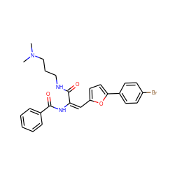 CN(C)CCCNC(=O)/C(=C\c1ccc(-c2ccc(Br)cc2)o1)NC(=O)c1ccccc1 ZINC000008855135