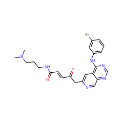 CN(C)CCCNC(=O)/C=C/C(=O)Cc1cc2c(Nc3cccc(Br)c3)ncnc2cn1 ZINC000040392933