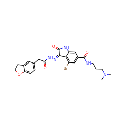 CN(C)CCCNC(=O)c1cc(Br)c2c(c1)NC(=O)/C2=N\NC(=O)Cc1ccc2c(c1)CCO2 ZINC000072178868