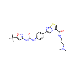 CN(C)CCCNC(=O)c1csc2nc(-c3ccc(NC(=O)Nc4cc(C(C)(C)C)on4)cc3)cn12 ZINC000473115879