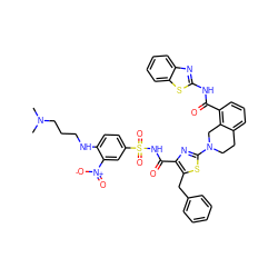 CN(C)CCCNc1ccc(S(=O)(=O)NC(=O)c2nc(N3CCc4cccc(C(=O)Nc5nc6ccccc6s5)c4C3)sc2Cc2ccccc2)cc1[N+](=O)[O-] ZINC000169709952