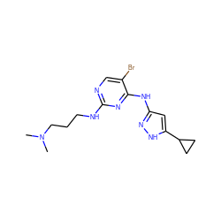 CN(C)CCCNc1ncc(Br)c(Nc2cc(C3CC3)[nH]n2)n1 ZINC000203007563