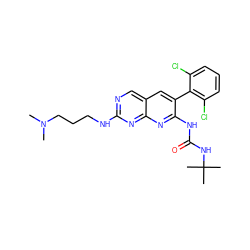 CN(C)CCCNc1ncc2cc(-c3c(Cl)cccc3Cl)c(NC(=O)NC(C)(C)C)nc2n1 ZINC000013862914