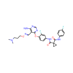 CN(C)CCCO/N=C/c1c(N)ncnc1Oc1ccc(NC(=O)C2(C(=O)Nc3ccc(F)cc3)CC2)cc1F ZINC000205435416