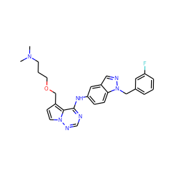 CN(C)CCCOCc1ccn2ncnc(Nc3ccc4c(cnn4Cc4cccc(F)c4)c3)c12 ZINC000028901077