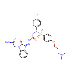 CN(C)CCCOc1ccc(S(=O)(=O)N(CC(=O)N/N=C2\C(=O)N(CC(N)=O)c3ccccc32)c2ccc(Cl)cc2)cc1 ZINC000028530958