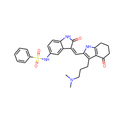 CN(C)CCCc1c(/C=C2\C(=O)Nc3ccc(NS(=O)(=O)c4ccccc4)cc32)[nH]c2c1C(=O)CCC2 ZINC000058581199