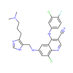 CN(C)CCCc1nc[nH]c1CNc1cc(Cl)c2ncc(C#N)c(Nc3ccc(F)c(Cl)c3)c2c1 ZINC000014977456