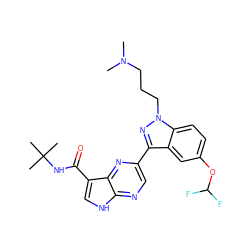 CN(C)CCCn1nc(-c2cnc3[nH]cc(C(=O)NC(C)(C)C)c3n2)c2cc(OC(F)F)ccc21 ZINC000095604206