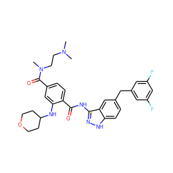 CN(C)CCN(C)C(=O)c1ccc(C(=O)Nc2n[nH]c3ccc(Cc4cc(F)cc(F)c4)cc23)c(NC2CCOCC2)c1 ZINC000200762705