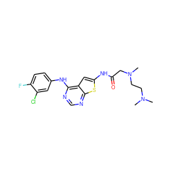 CN(C)CCN(C)CC(=O)Nc1cc2c(Nc3ccc(F)c(Cl)c3)ncnc2s1 ZINC000169311802