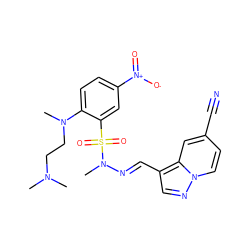 CN(C)CCN(C)c1ccc([N+](=O)[O-])cc1S(=O)(=O)N(C)/N=C/c1cnn2ccc(C#N)cc12 ZINC000147782994