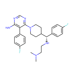 CN(C)CCN[C@@H](c1ccc(F)cc1)C1CCN(c2ncnc(N)c2-c2ccc(F)cc2)CC1 ZINC000219307405