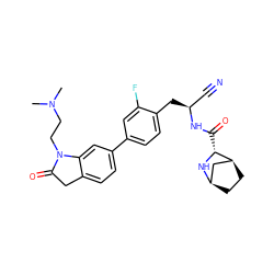 CN(C)CCN1C(=O)Cc2ccc(-c3ccc(C[C@@H](C#N)NC(=O)[C@H]4N[C@@H]5CC[C@H]4C5)c(F)c3)cc21 ZINC000219302951