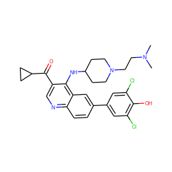 CN(C)CCN1CCC(Nc2c(C(=O)C3CC3)cnc3ccc(-c4cc(Cl)c(O)c(Cl)c4)cc23)CC1 ZINC000114038029