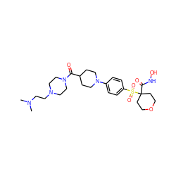 CN(C)CCN1CCN(C(=O)C2CCN(c3ccc(S(=O)(=O)C4(C(=O)NO)CCOCC4)cc3)CC2)CC1 ZINC000049777006