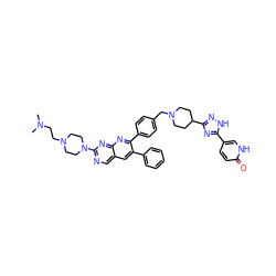 CN(C)CCN1CCN(c2ncc3cc(-c4ccccc4)c(-c4ccc(CN5CCC(c6n[nH]c(-c7ccc(=O)[nH]c7)n6)CC5)cc4)nc3n2)CC1 ZINC000049898780