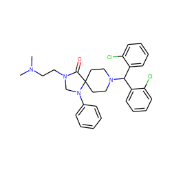 CN(C)CCN1CN(c2ccccc2)C2(CCN(C(c3ccccc3Cl)c3ccccc3Cl)CC2)C1=O ZINC000044361139