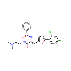 CN(C)CCNC(=O)/C(=C/c1ccc(-c2ccc(Cl)cc2Cl)o1)NC(=O)c1ccccc1 ZINC000002678712