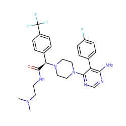 CN(C)CCNC(=O)[C@@H](c1ccc(C(F)(F)F)cc1)N1CCN(c2ncnc(N)c2-c2ccc(F)cc2)CC1 ZINC000206937899