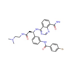 CN(C)CCNC(=O)C[C@@H](Nc1ncnc2c(C(N)=O)cccc12)c1cccc(NC(=O)c2ccc(Br)cc2)c1 ZINC000166984641