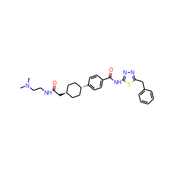 CN(C)CCNC(=O)C[C@H]1CC[C@H](c2ccc(C(=O)Nc3nnc(Cc4ccccc4)s3)cc2)CC1 ZINC000653796412