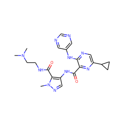 CN(C)CCNC(=O)c1c(NC(=O)c2nc(C3CC3)cnc2Nc2cncnc2)cnn1C ZINC000143201786