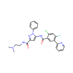 CN(C)CCNC(=O)c1cc(NC(=O)c2cc(-c3ccccn3)c(F)cc2Cl)n(-c2ccccc2)n1 ZINC001772638776