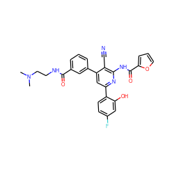 CN(C)CCNC(=O)c1cccc(-c2cc(-c3ccc(F)cc3O)nc(NC(=O)c3ccco3)c2C#N)c1 ZINC000053243401