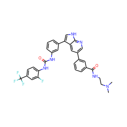 CN(C)CCNC(=O)c1cccc(-c2cnc3[nH]cc(-c4cccc(NC(=O)Nc5ccc(C(F)(F)F)cc5F)c4)c3c2)c1 ZINC000042964230