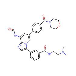 CN(C)CCNC(=O)c1cccc(-c2cnc3c(NC=O)cc(-c4ccc(C(=O)N5CCOCC5)cc4)cn23)c1 ZINC000095568010