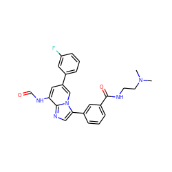 CN(C)CCNC(=O)c1cccc(-c2cnc3c(NC=O)cc(-c4cccc(F)c4)cn23)c1 ZINC000061896657