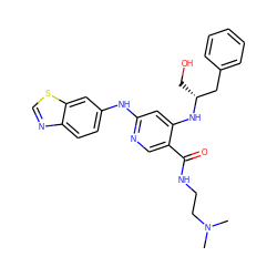 CN(C)CCNC(=O)c1cnc(Nc2ccc3ncsc3c2)cc1N[C@H](CO)Cc1ccccc1 ZINC001772656412