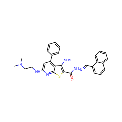 CN(C)CCNc1cc(-c2ccccc2)c2c(N)c(C(=O)N/N=C/c3cccc4ccccc34)sc2n1 ZINC000071315757