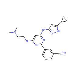 CN(C)CCNc1cc(Nc2cc(C3CC3)[nH]n2)nc(-c2cccc(C#N)c2)n1 ZINC000084619478