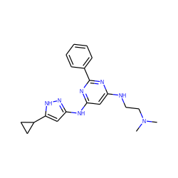 CN(C)CCNc1cc(Nc2cc(C3CC3)[nH]n2)nc(-c2ccccc2)n1 ZINC000084635823