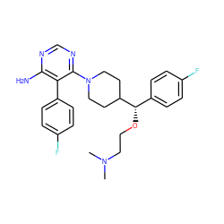 CN(C)CCO[C@@H](c1ccc(F)cc1)C1CCN(c2ncnc(N)c2-c2ccc(F)cc2)CC1 ZINC000219319031