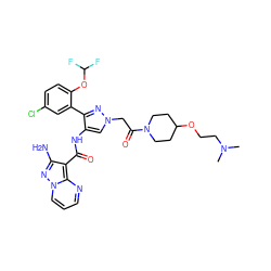 CN(C)CCOC1CCN(C(=O)Cn2cc(NC(=O)c3c(N)nn4cccnc34)c(-c3cc(Cl)ccc3OC(F)F)n2)CC1 ZINC001772600797