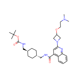 CN(C)CCOC1CN(c2cc(C(=O)NC[C@H]3CC[C@H](CNC(=O)OC(C)(C)C)CC3)c3ccccc3n2)C1 ZINC000253809925