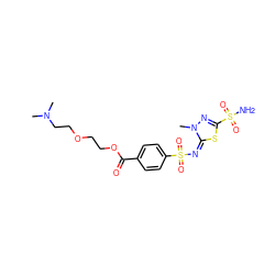 CN(C)CCOCCOC(=O)c1ccc(S(=O)(=O)/N=c2/sc(S(N)(=O)=O)nn2C)cc1 ZINC000013537571