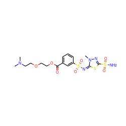 CN(C)CCOCCOC(=O)c1cccc(S(=O)(=O)/N=c2/sc(S(N)(=O)=O)nn2C)c1 ZINC000013537550